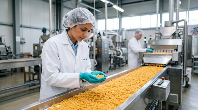 Female quality control inspector holding pasta sample from automated production line inside modern food manufacturing facility with industrial machinery and workers checking product quality