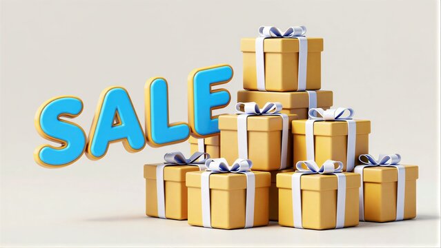 Yellow gift boxes piled high with blue SALE letters beside them.