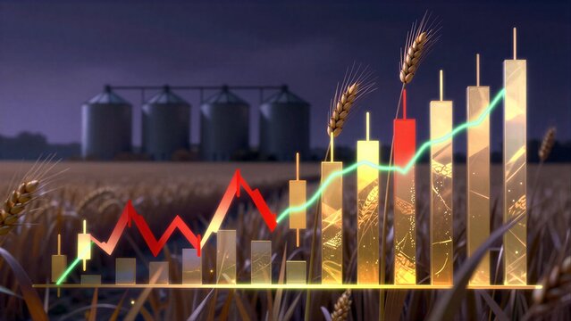 Golden wheat field with glowing stock charts and silos under twilight sky.