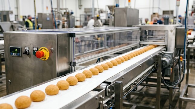 Industrial automated conveyor belt system transporting fresh baked buns inside modern commercial bakery food processing factory production line facility equipment machine manufacturing