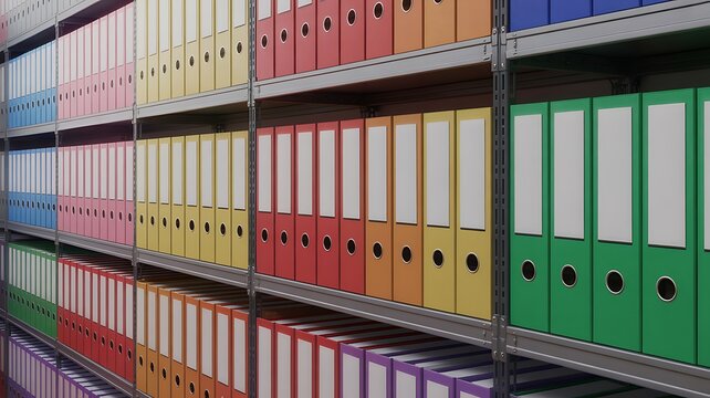 Organized Rows of Multi Colored Office Archive Binders on Shelves