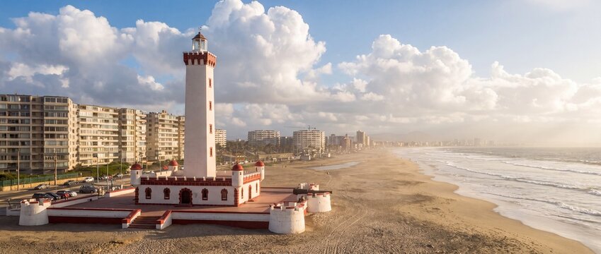 Faro monumental de la serena with historic architecture on a sandy beach, receiving golden light from the setting sun
