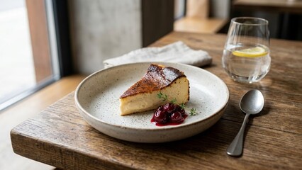 Obraz premium Slice of San Sebastian Basque Burnt Cheesecake with Berry Compote on Ceramic Plate - 1