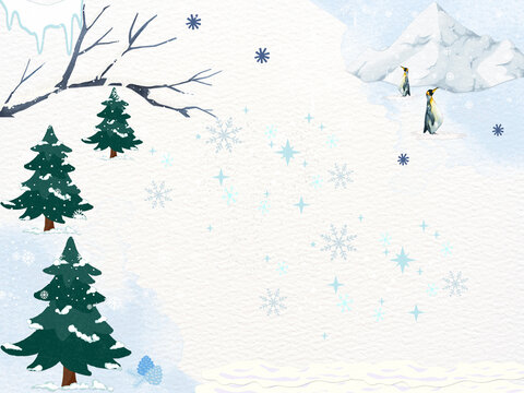 Cute Winter Snow Scene with Penguins Pine Trees and Snowflakes Christmas Vector