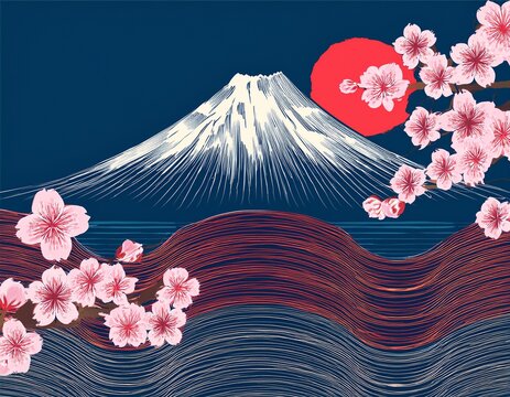 japanese landscape mount fuji cherry blossoms ocean waves scenic art print decor