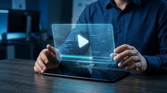 Person using digital tablet to watch multimedia video content with glowing holographic floating player interface.