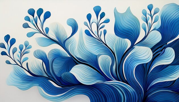 abstract blue shapes on white background resembling seaweed or coral in a repeating pattern design