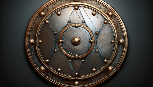 a round metallic shield featuring a textured surface and riveted rim suggesting durability and historical significance