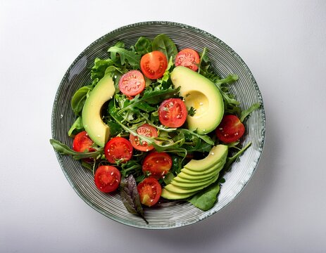 overhead shot of a vibrant salad with tomatoes avocado and mixed greens on a white background spread out