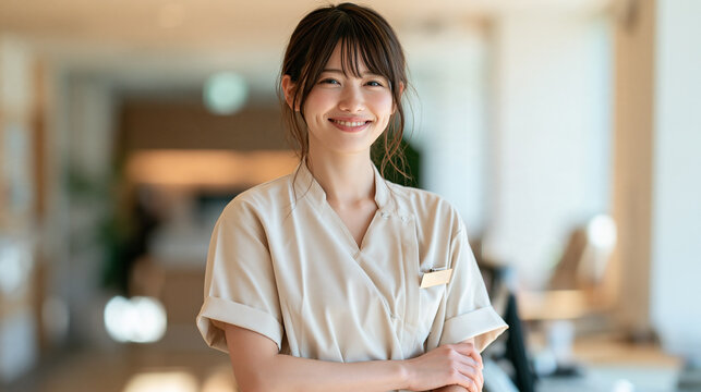 清潔な院内で微笑む看護師のプロフィール向けポートレート