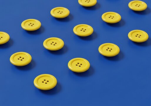 Pattern of yellow sewing buttons arranged on a vibrant blue background