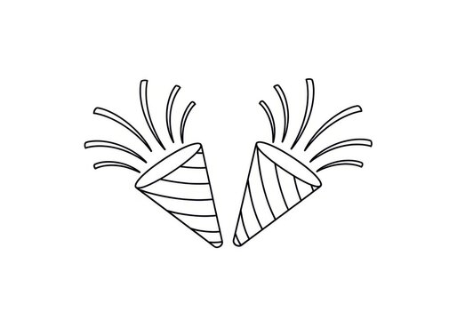 Two party poppers with colorful confetti bursting out in a simple line art style