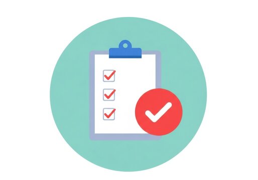 Checklist icon with a large red checkmark on a clipboard