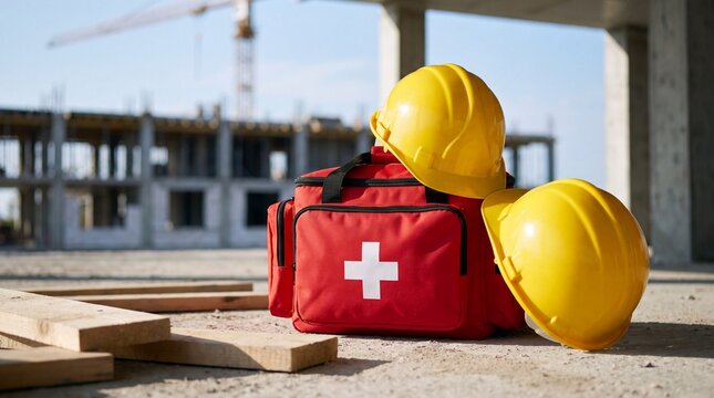 Well organized construction site with prominently placed safety helmet and first aid box representing preparedness and compliance with occupational health standards in the industrial workplace