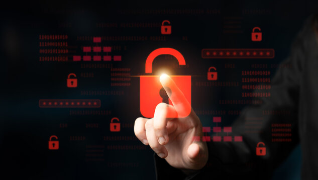 Digital security concept illustrating a cybersecurity breach, with a red unlocked padlock indicating data exposure among secure systems, emphasizing system vulnerability and risk Latch