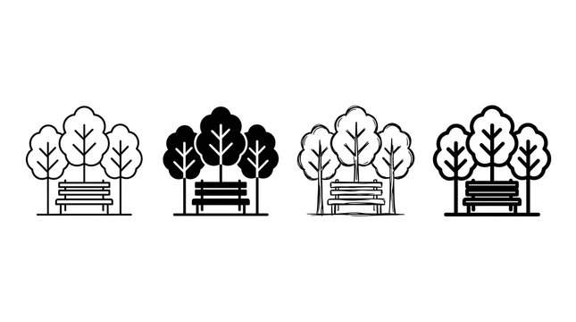 Set of four minimalist park icons with benches and trees in a horizontal row