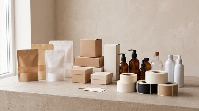 Collection of blank paper bags, boxes, bottles, jars, tubes, cups, and packaging materials arranged on a neutral surface for branding, product design, and mockup concepts.