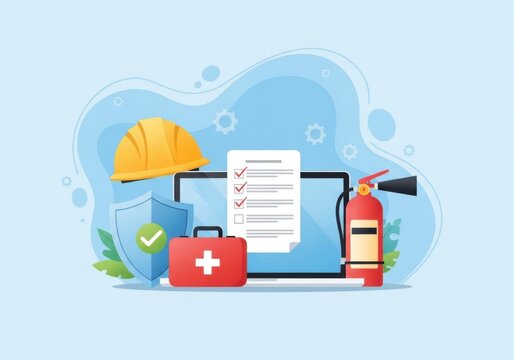 Safety and compliance concept with hard hat, first aid kit, checklist, and fire extinguisher