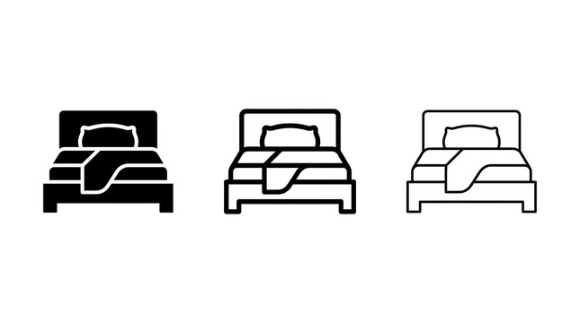 Three minimalist bed icons in different line styles for hotel and furniture web design