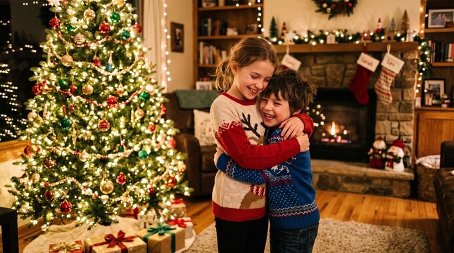 Joyful siblings embrace warmly in front of a decorated Christmas tree and cozy fireplace