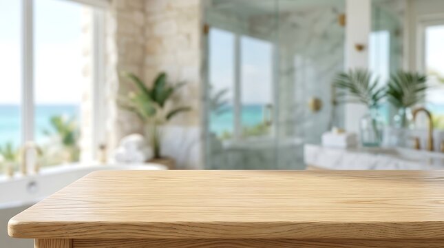 Empty wood table mockup in luxury bathroom with ocean view for product display and spa wellness website banner layout.
