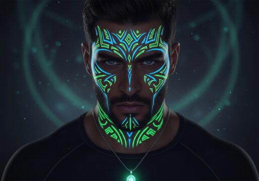 Portrait of a man with glowing neon tribal face paint and pendant