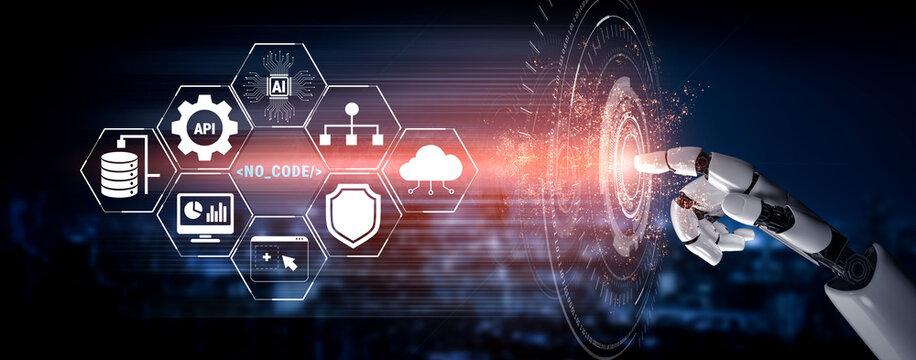 Futuristic Robot Hand Interacting with Digital Interface Representing Technology Concepts Such as AI, Data, and Cloud Computing in Modern Environment Quark.