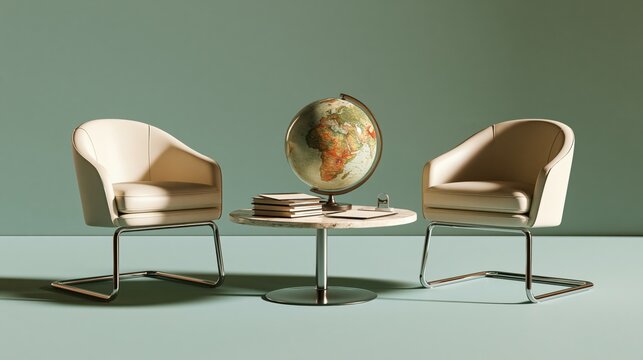 Modern interior design with two armchairs and a table featuring a world globe model