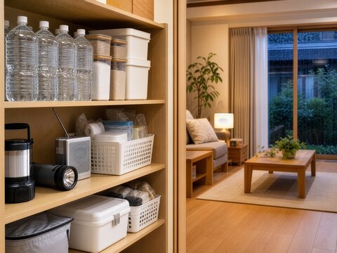 備蓄棚と明かりを備えた在宅避難の住まい