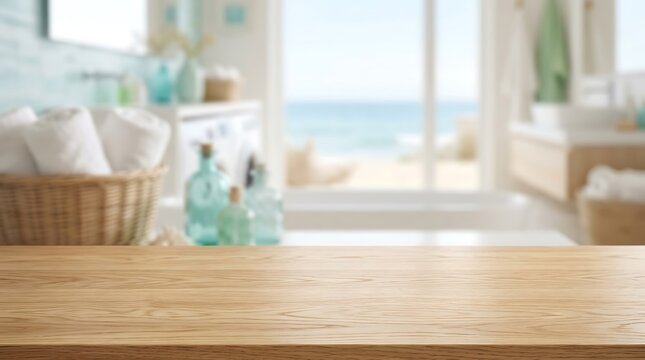 Empty Wooden Table Surface with Blurred Coastal Spa Bathroom Background for Product Display and Tropical Interior Design.