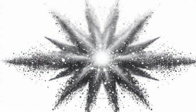 explosion of silver glitter dust particles in a starburst shape isolated on white background