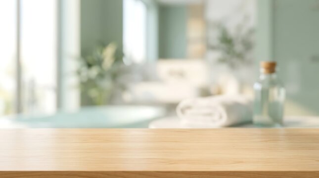 Empty Wooden Tabletop with Blurred Bathroom Background for Product Mockup Display Spa and Wellness Concept Presentation.