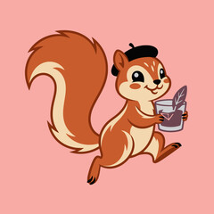 Fototapeta premium Cute Squirrel Artist with Beret and Ink Pot.