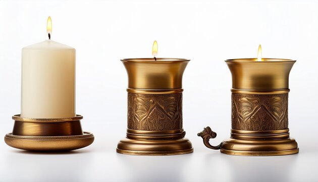 vintage brass candlestick holder standing with candle isolated on white or white background