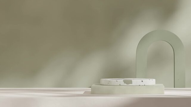seamless shadow animation looping with green color wall and arch, rendering 3d footage blank space of terrazzo texture material podium