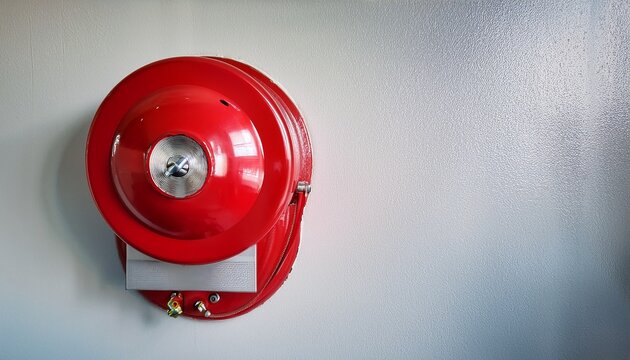 red industrial fire alarm bell mounted on a clean white wall in a hallway