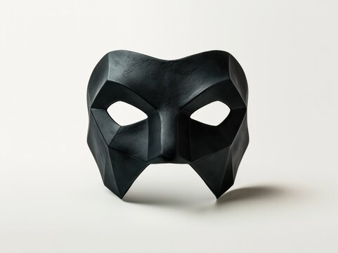 Black geometric mask isolated on white background with sharp low poly facets