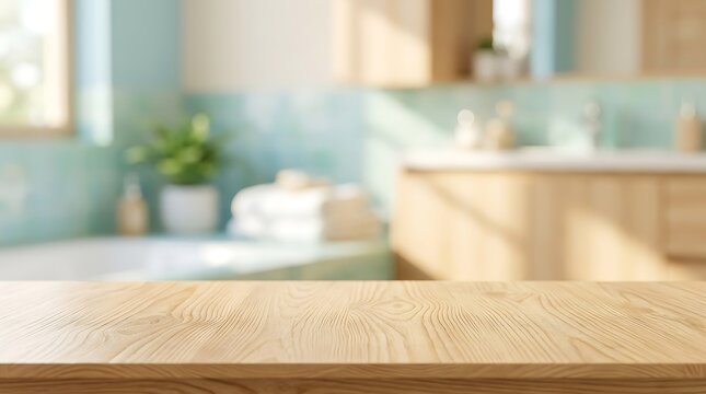 Empty wood table top for product placement over blurred modern bright bathroom background interior with copy space area
