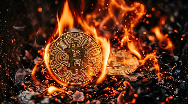 Bitcoin coin burning in fire and embers, representing cryptocurrency volatility and risk