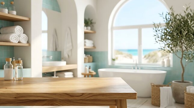 Empty Wooden Table Mockup in Modern Coastal Bathroom Background with Ocean View for Product Display Presentation Spa