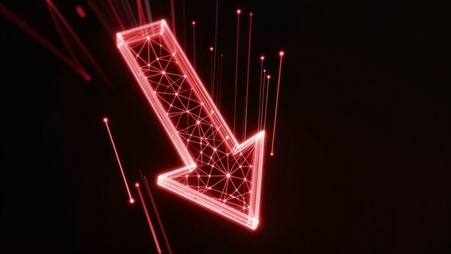 Glowing red downward arrow amidst falling stock chart lines, symbolizing market decline.