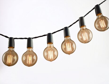 string of warm white glowing light bulbs hanging on a wire isolated on white background