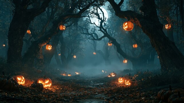 Halloween pumpkin lanterns glowing in eerie dark forest under full moon at night