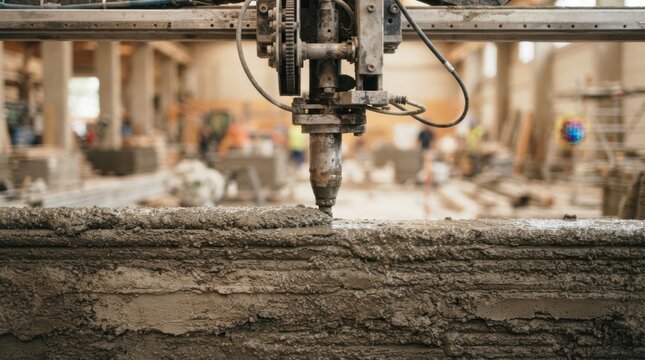 Gantry robot printing layered concrete mortar to form a fresh wall segment for automated construction and building fabrication
