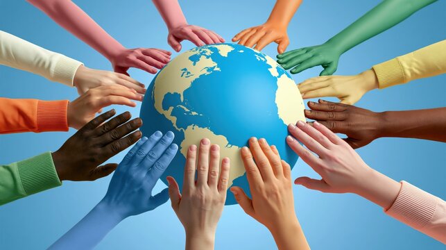 Diverse human hands touching globe together symbolizing international unity and peace