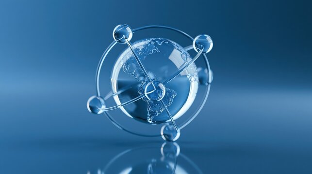 Global network symbol with interconnected digital nodes surrounding world globe in blue