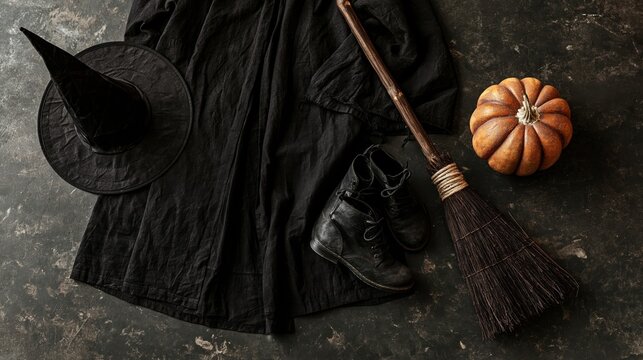 Witch costume with pointed hat broom and pumpkin on dark background