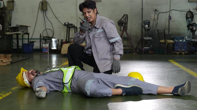 Industrial worker assisting unconscious colleague factory floor during emergency response training, rescue scene with safety helmet, reflective vest, protective equipment, and workplace safety concern