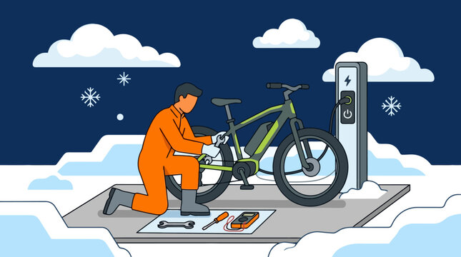 Mechanic servicing an electric bicycle in a snowy outdoor setting.