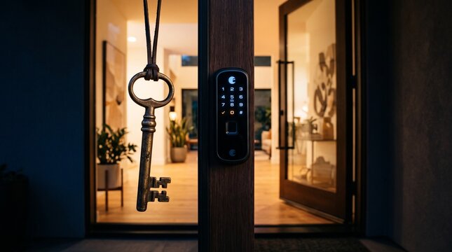 Old key hanging beside modern electronic lock on a wooden door  